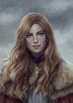 a painting of a woman with long red hair wearing a fur coat and standing in the snow