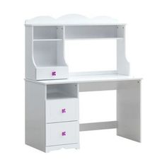 a white desk with two drawers and a shelf on it's side, in front of a white background