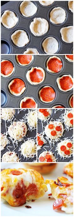 the process of making mini pizzas in muffin tins with cheese and pepperoni