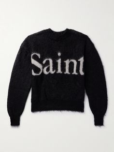 Every SAINT Mxxxxxx drop is packed with logo-heavy streetwear staples. This vintage-inspired sweater is crafted from a fluffy mohair-blend and features a serif moniker jacquard-knitted across the front. Outfit Collage, Sweater For Men, Stockholm Fashion, Clothing Logo, Sweater Design, Dream Clothes, Mr Porter, Fashion Killa, Clothing Items