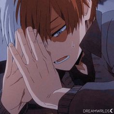 an anime character holding his hand to his face