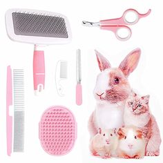 an assortment of pink and white items including scissors, combs, hairbrushes