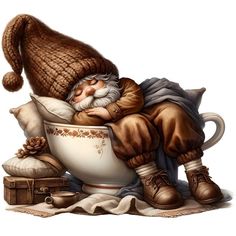 a painting of an old man sleeping in a coffee cup with a sack on his lap