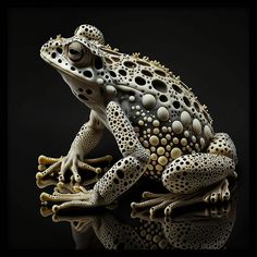 a white and black frog sitting on top of a table