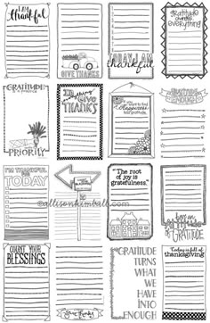 a set of hand drawn notes with the words, phrases and pictures on them in black ink