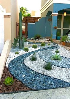 home decor, residential architecture, home, residence, outdoor design, patio, pavers Garden With Rocks, River Rock Landscaping, Small Front Yard Landscaping, Rock Garden Design, Front Yard Garden Design, Patio Garden Design, Diy Backyard Landscaping, Front House Landscaping