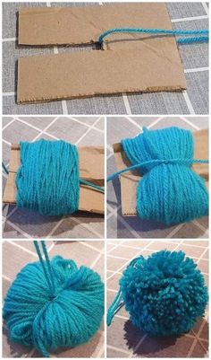 the steps to make a yarn pom - pom bag with blue yarn on it