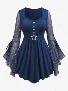 Plus Size Sparkling Glitter Mesh Tie Flare Sleeves Pentagram Buckle Ruched Ruffles Top [38% OFF] | Rosegal