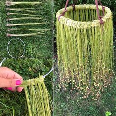 two pictures showing how to make a hanging planter out of grass and straws