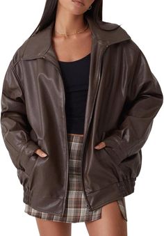 XZXTOGO Oversized Leather Jackets for Women Fall Fashion Outfits Faux Leather Motorcycle Bomber Winter Coat Trendy, Brown M at Amazon Women's Coats Shop Biker Outfits For Women, Autumn Fashion Women Fall Outfits, Fall Outfits Y2k, Biker Coat, Biker Outfit, Outwear Coat, Trend Style, Fall Jackets, Fall Fashion Outfits