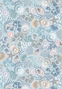 an ocean themed wallpaper with seashells and starfish on the bottom half