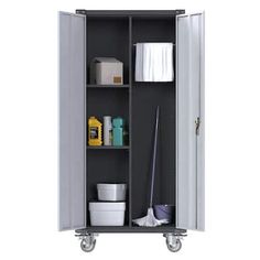 an open storage cabinet with cleaning supplies on wheels