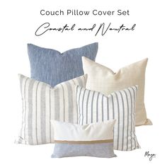 four different pillows with the words couch pillow cover set in white, blue and beige