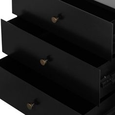 three drawers are stacked on top of each other in this black drawer unit with brass knobs