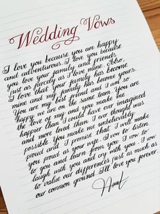 wedding vows written in cursive writing on lined paper with red and black ink