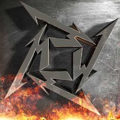 an abstract metal design on fire with flames around it and the letter e in the center