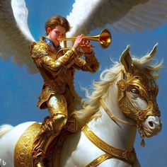 a painting of an angel riding a white horse with a trumpet in its's mouth