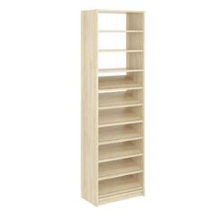 an empty bookcase with no shelves on the front and bottom shelf, in light wood