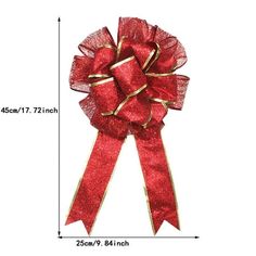 a large red bow with gold ribbon on it's side and measurements for the length