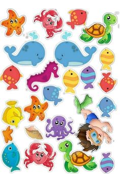 an assortment of stickers with different types of sea animals and fish on them, all in various colors