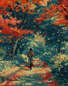 a man riding a bike down a forest filled with trees covered in red and yellow leaves