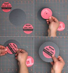 four photos showing how to make paper coasters with pink and black designs on them