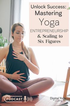 a woman sitting in the middle of a yoga pose with her hands on her stomach