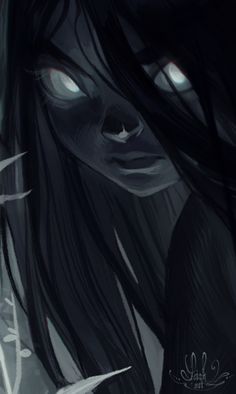 a woman with long black hair and glowing eyes looking at something in the distance,