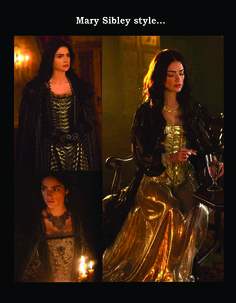 three different pictures of the same woman in gold and black clothing, one is holding a candle