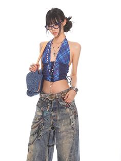 Embrace the fusion of edginess and nonchalance with our Plaid Halter Neck Crop Top, a definitive piece for a standout wardrobe. Crafted with meticulous attention to detail, this top features a timeless blue plaid pattern and is made from a soft, breathable fabric ensuring both comfort and durability. The unique halter neck design, paired with the alluring side lacing, adds a touch of rebellious charm to any outfit, making it perfect for the fashion-forward individual. This versatile crop top can Blue Plaid Pattern, Halter Neck Crop Top, Information Age, 2000s Fashion Outfits, Neck Crop Top, 2000s Fashion, Casual Style Outfits, Lookbook Outfits, Model Poses