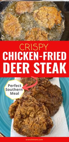 chicken fried venison steak on blue plate Country Fried Deer Steak, Chicken Fried Venison Steak, Chicken Fried Backstrap, Fried Deer Meat Recipes, Recipes For Deer Steak, Air Fryer Backstrap, Chicken Fried Deer Steak, Fried Deer Steak Recipes, What To Make With Deer Meat