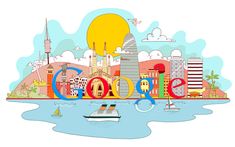 an image of the google logo with boats and buildings in the background