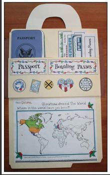 a paper bag with some travel related items on it and a map in the front