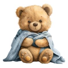 a brown teddy bear with a blue blanket around it's neck sitting on the ground