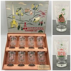 an old fashioned glass set in a wooden box with four different designs on the front