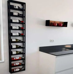 a wine rack in the corner of a kitchen