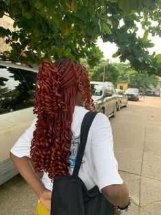 Braids For Black Women Red Hair, Ginger Hair Braids Hairstyles, Red And Orange Box Braids, Dark Ginger Braids Black Women, Birthday Braids Black Women, Curly Ginger Braids, Reddish Brown Knotless Braids, Red And Ginger Braids, Auburn French Curl Braids