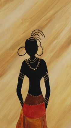 a painting of a woman standing with her hands on her hips, wearing a black top and red skirt