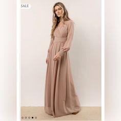 The Color Is Taupe. Never Been Worn Only Tried On. Taupe Formal Dress, Modest Bridesmaid Dresses With Sleeves Long, Long Sleeve Maxi Dress For Fall Bridesmaid, Long Sleeve Maxi Dress For Bridesmaid In Fall, Fitted Beige Chiffon Maxi Dress, Beige Flowy Formal Dress, Flowy Long Dresses For Formal Occasions, Formal Long Flowy Dresses, Beige Flowy Maxi Dress For Bridesmaid