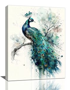 a painting of a peacock on a branch with watercolor paint splatters and splashes