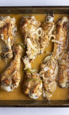 chicken with noodles and gravy in a pan