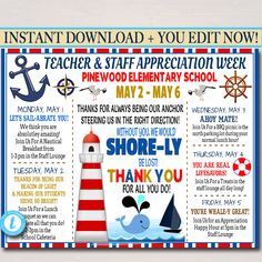 Nautical Beach Themed Teacher Appreciation Week Itinerary Poster Printable
  #FishAppreciation #BeachThemed #lighthouse #EmployeeAppreciation #InviteInvitation #AppreciationWeek #AppreciationIdeas #anchor #Appreciation #ItineraryCalendar 
https://tidylady.net Beach Themed Teacher Appreciation, Staff Break Room, Staff Retreat, Educator Appreciation, Pta Mom, Culture Building, Work Appreciation, Cruise Theme