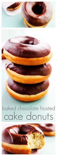 three chocolate frosted donuts stacked on top of each other with the words baked chocolate frosted cake donuts