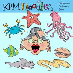 kpm doodles old woman with sea animals and fish on her head is laughing