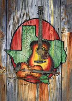 a drawing of an acoustic guitar on a wooden background