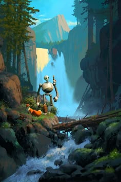 a painting of a robot standing in the middle of a forest next to a river