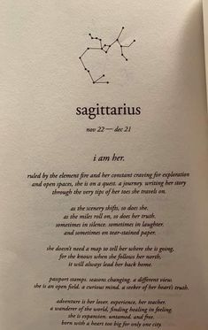 an open book with the words sagittarius written in black ink on it