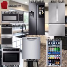 refrigerator, microwave, and oven are shown in this advertisement for kitchen appliance