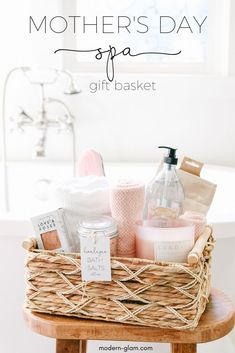 the mother's day gift basket is sitting on a stool