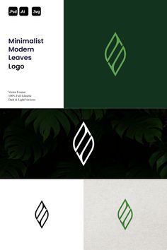 the minimalist modern leaves logo is shown in three different colors and styles, including green